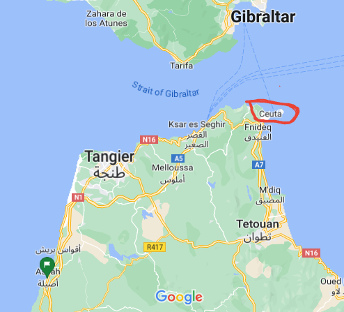 Map of the tip of Morocco with a red circle around Ceuta, Spain