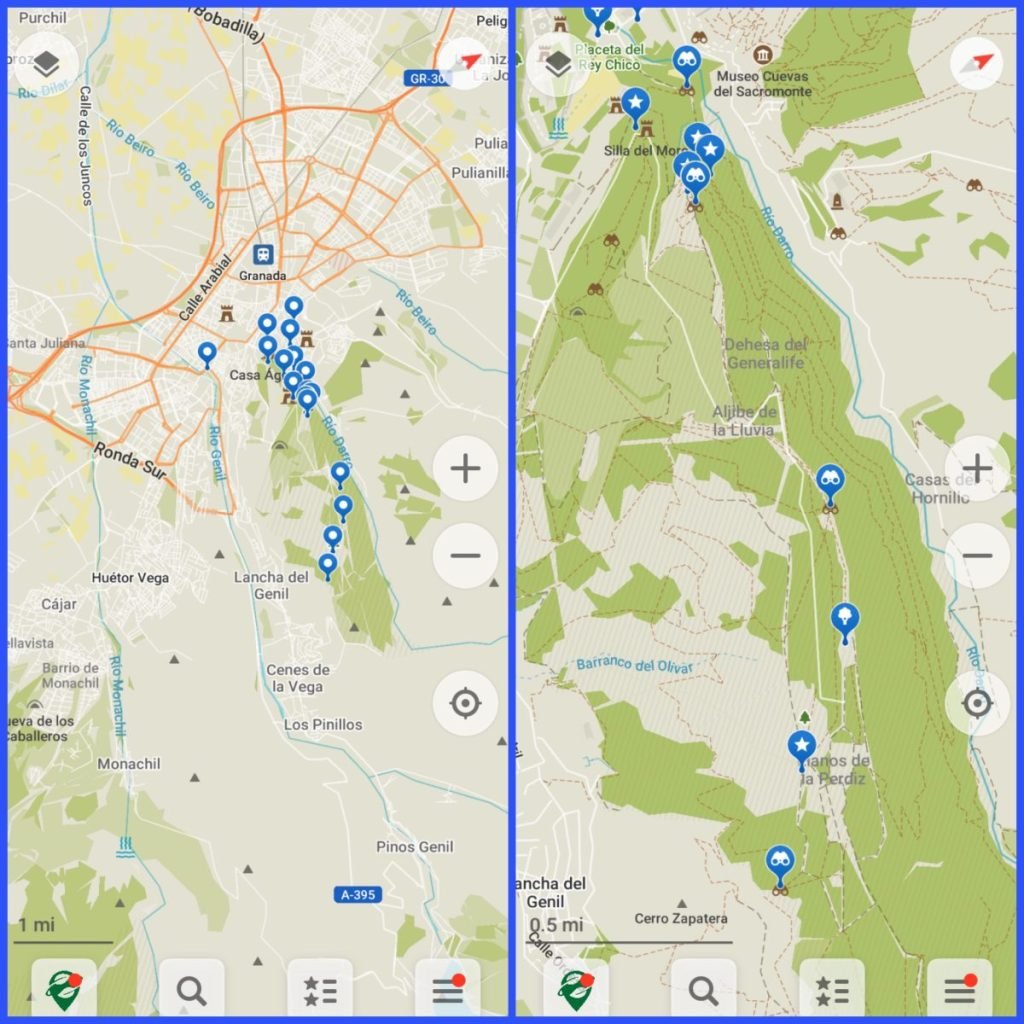 Map of Granada, Spain on the left, same map on the right zoomed in with pins for viewpoints on the ridge-line behind the city of Granada.