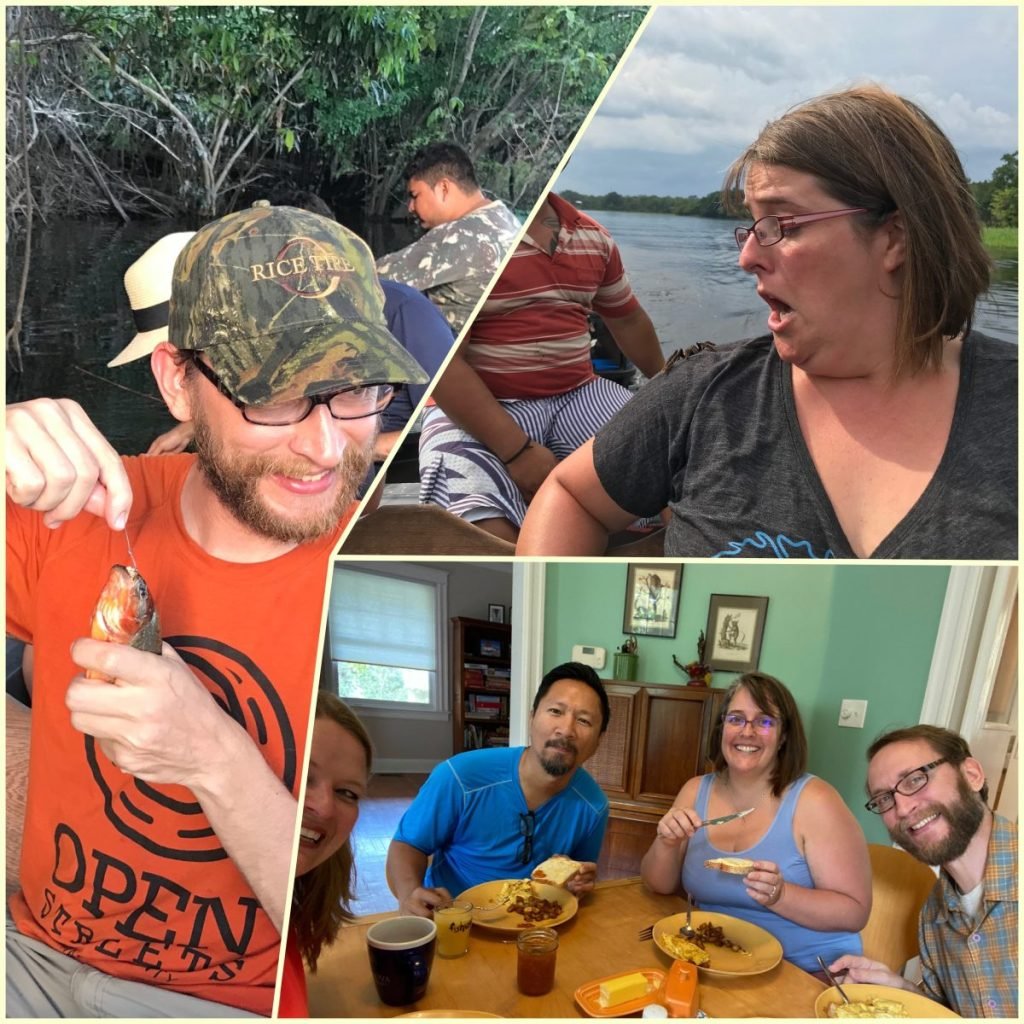 Jeremy holding a piranha before it bit him, Alia pretending she is afraid of a tarantula, and the four of us having breakfast at their home in DC.