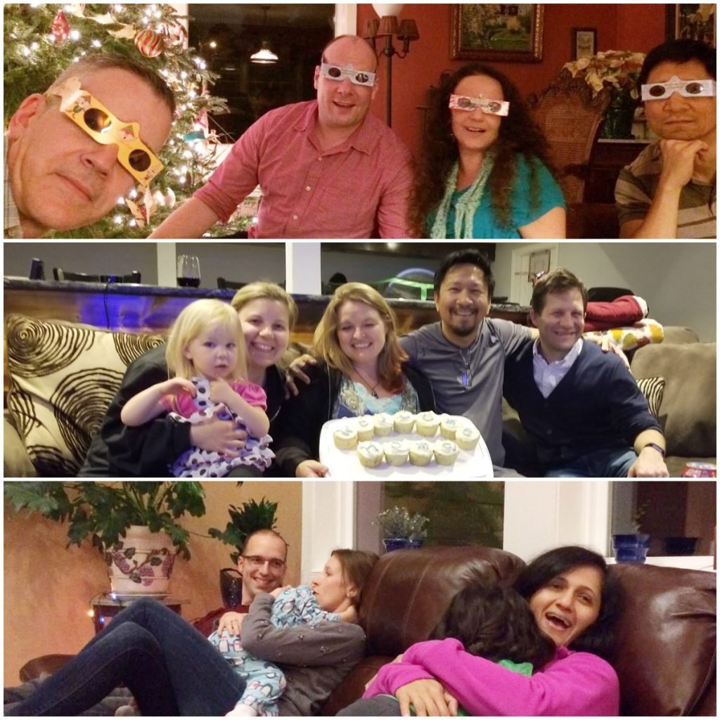 Gene, Damian, Andrea and Trin in 3D glasses / Tommy and Alison giving us welcome home cupcakes / Mike, Kristina, and Anu holding their children in our living room.