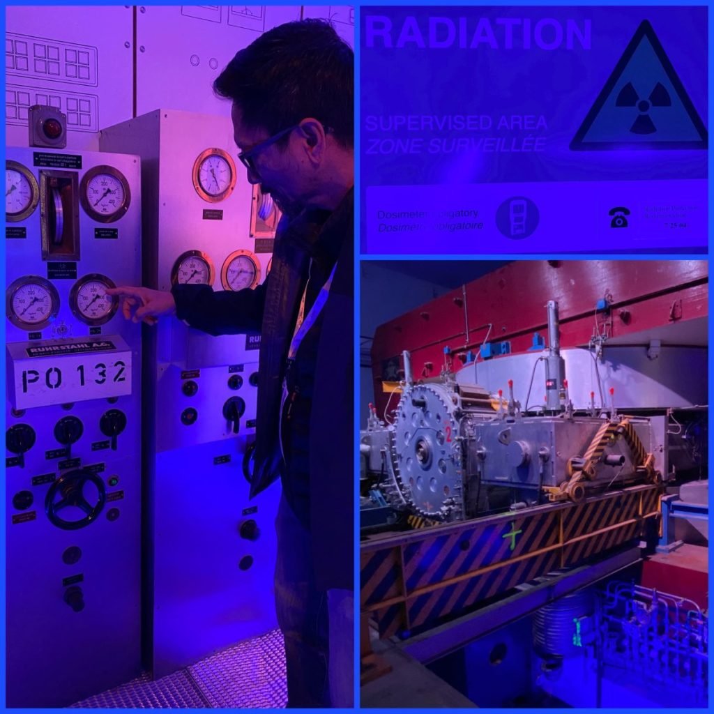 Three photos: Trin standing by gauges in the control room of the old collider; a signs warning of radioactivity; The massive magnets and tubing of the old collider.