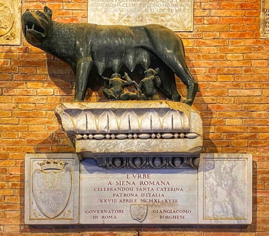 Statue of the legend of Romulus and Remus rescued and raised by a she wolf