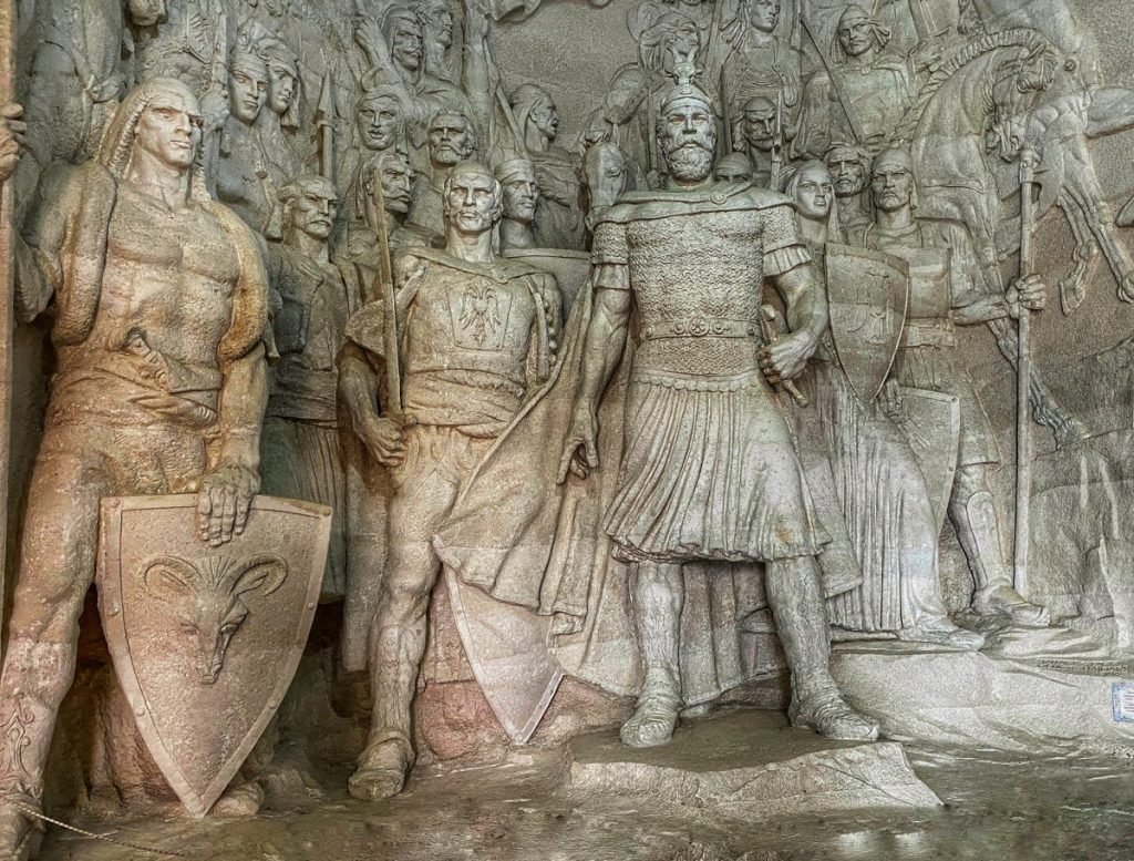 Relief in stone of Gjergj Kastrioti Skanderbeg in Skanderbeg Castle, Kruje, Albania