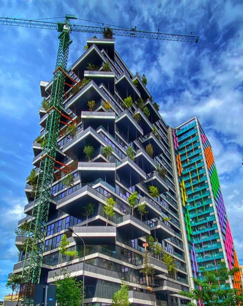 Trees on a high rise that is under construction in Tirana, Albania.