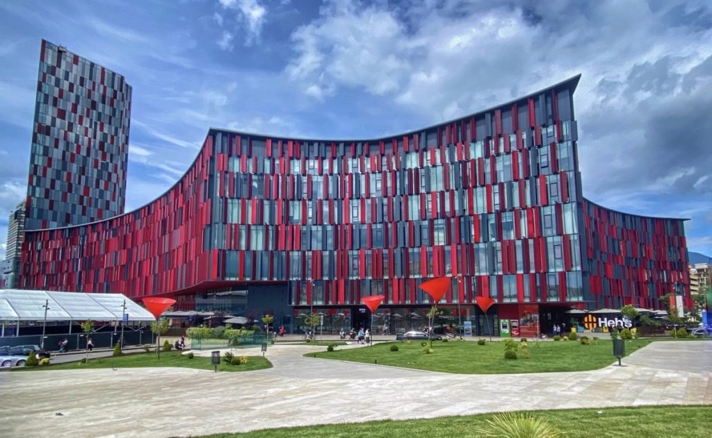 The Marriot Hotel with red slats in Tirana, Albania.