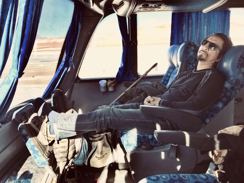 Front seats on top of a double-decker bus.