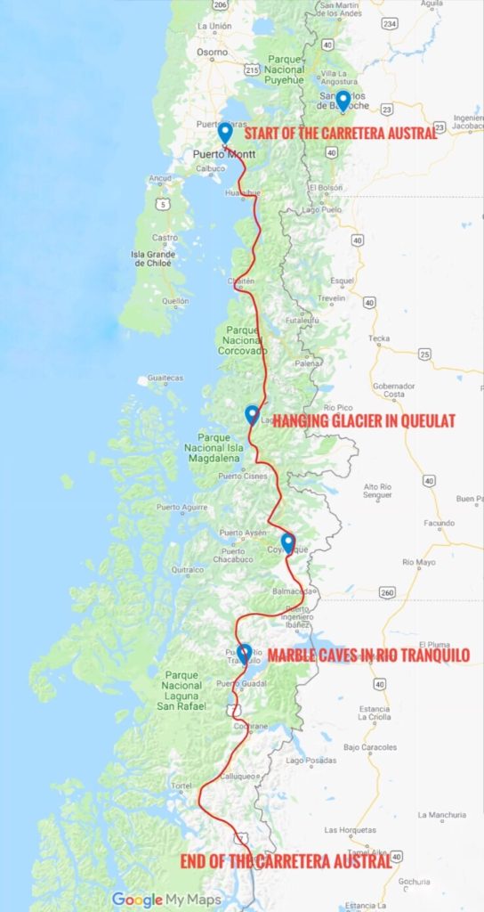 Map of the Carretera Austral scenic route in the Patagonia region