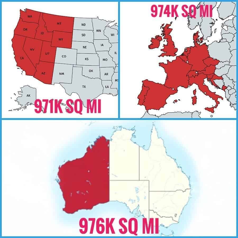 Size of Western Australia compared to USA and Europe