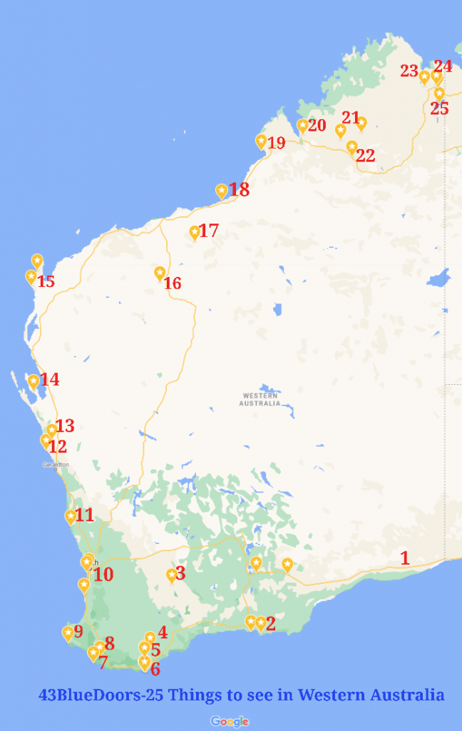 Map of the 25 things to see on a Western Australian Road Trip