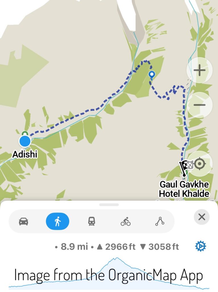 Organic Map image of the trail from Adishi to Kala